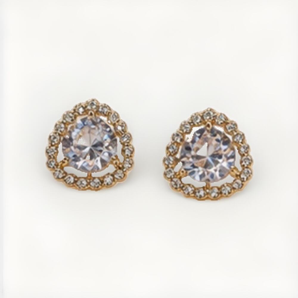 Gold Tone Heart Stud Earrings Clear Crystal Rhinestone Halo Sparkly Women